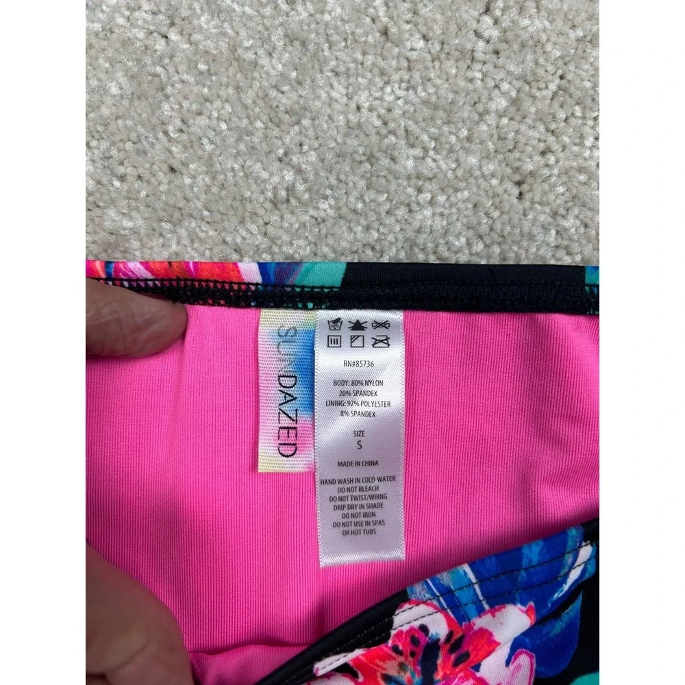 SUNDAZED Women's Black Floral Pink Bikini Bottom Multi Strap Size S‎ Nylon